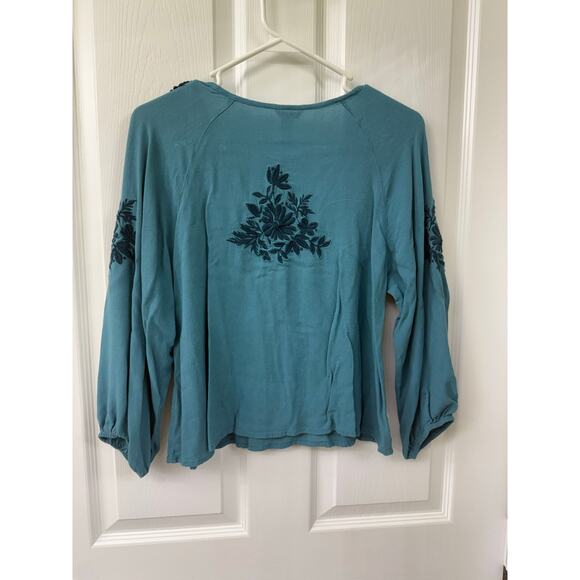 Forever 21 Y2K large boho turquoise blue black embroidered floral vintage top - Picture 1 of 3